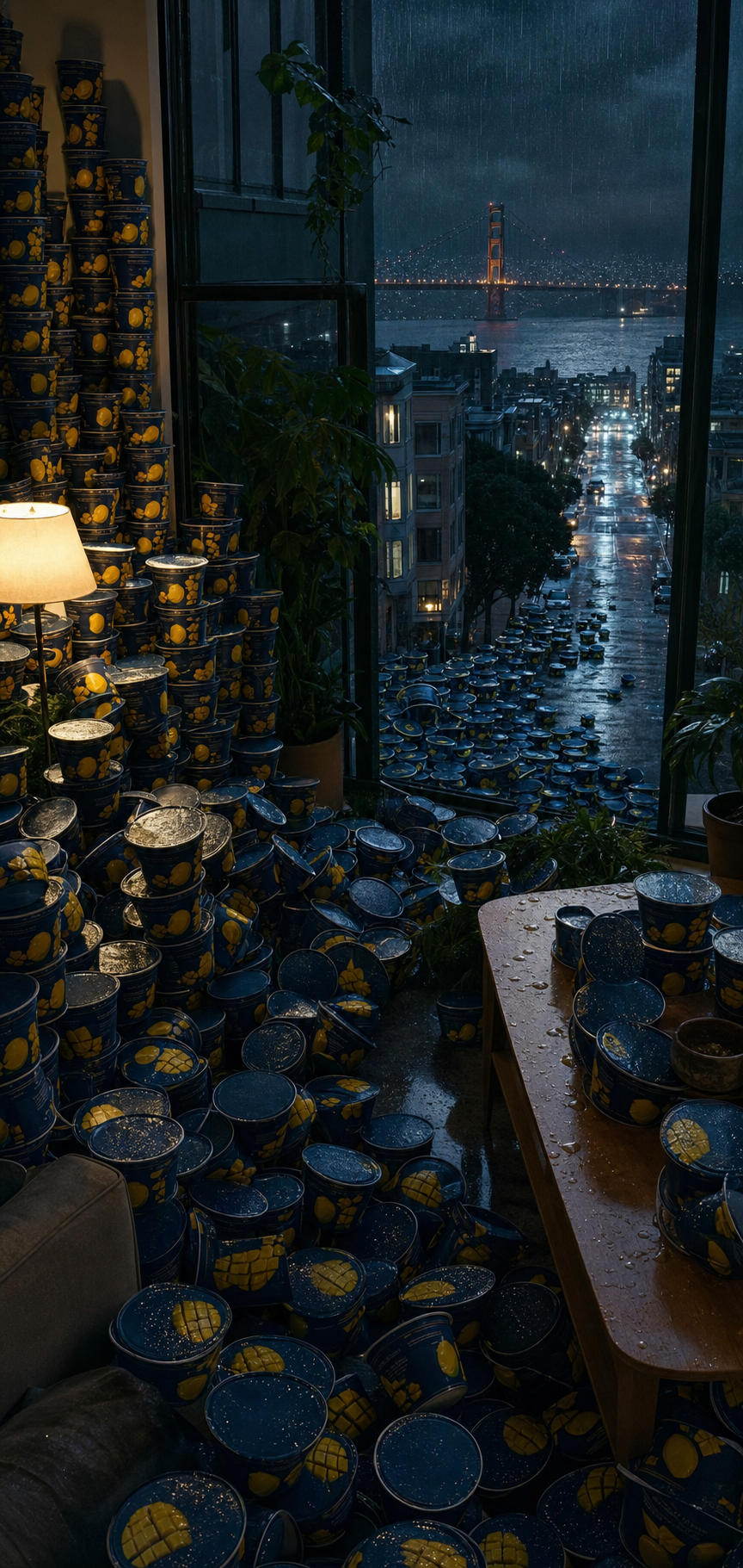 An apartment and rainy San Francisco overtaken by mango yogurt cups