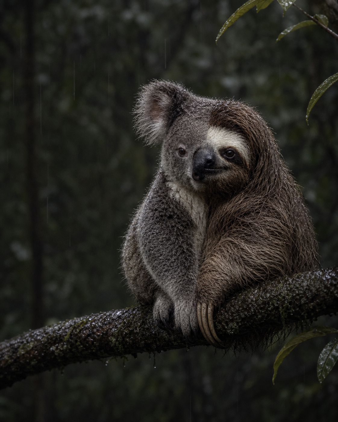 A melancholy half-koala half-sloth sitting on a wet branch in the rain
